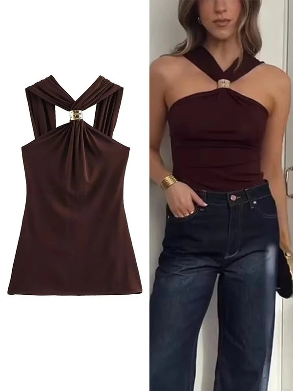 Blusa Feminina Regata Elegante Decote Halter com Argola Dourada