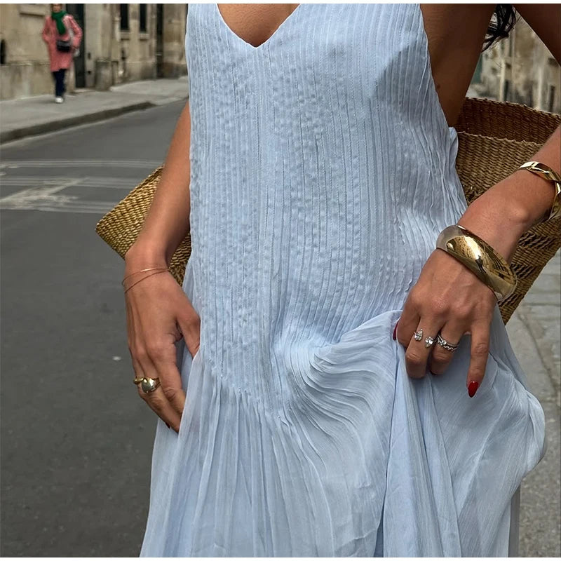 Vestido longo feminino casual azul plissado, elegante, sem mangas, costas nuas, ombro de fora, slim fit, praia, festa, robe feminino