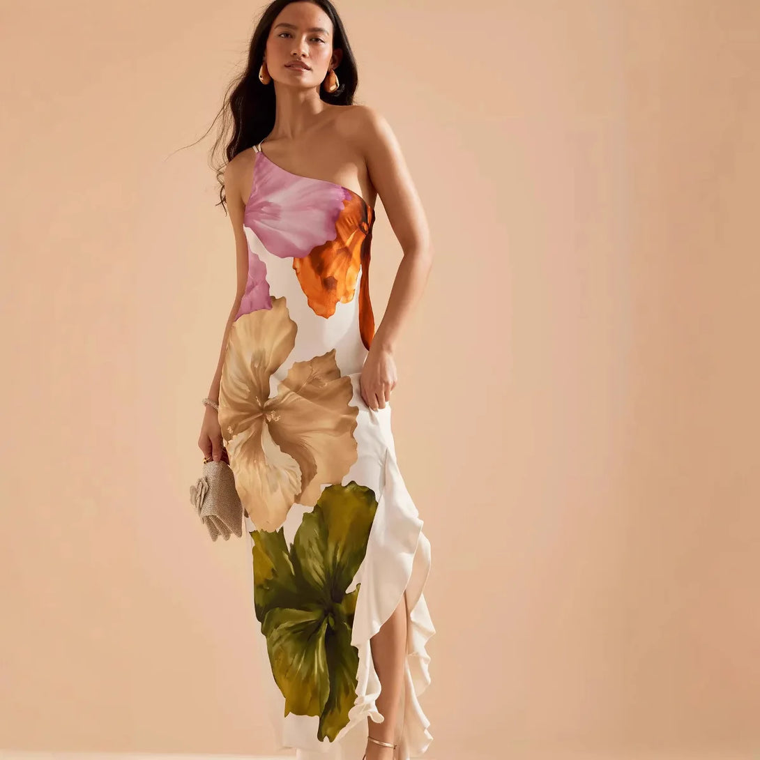 Veithche moda feminina impresso curling borda vestidos longos irregular um ombro aberto garfo vestido feminino verão 2025 vestidos de festa