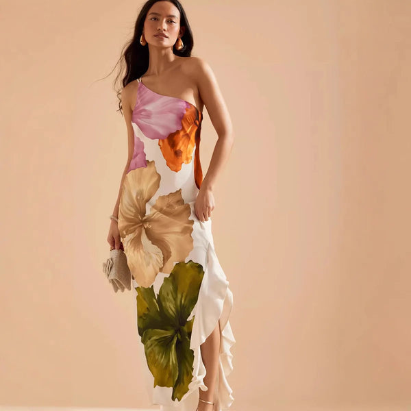 Veithche moda feminina impresso curling borda vestidos longos irregular um ombro aberto garfo vestido feminino verão 2025 vestidos de festa