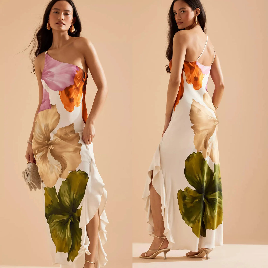 Veithche moda feminina impresso curling borda vestidos longos irregular um ombro aberto garfo vestido feminino verão 2025 vestidos de festa