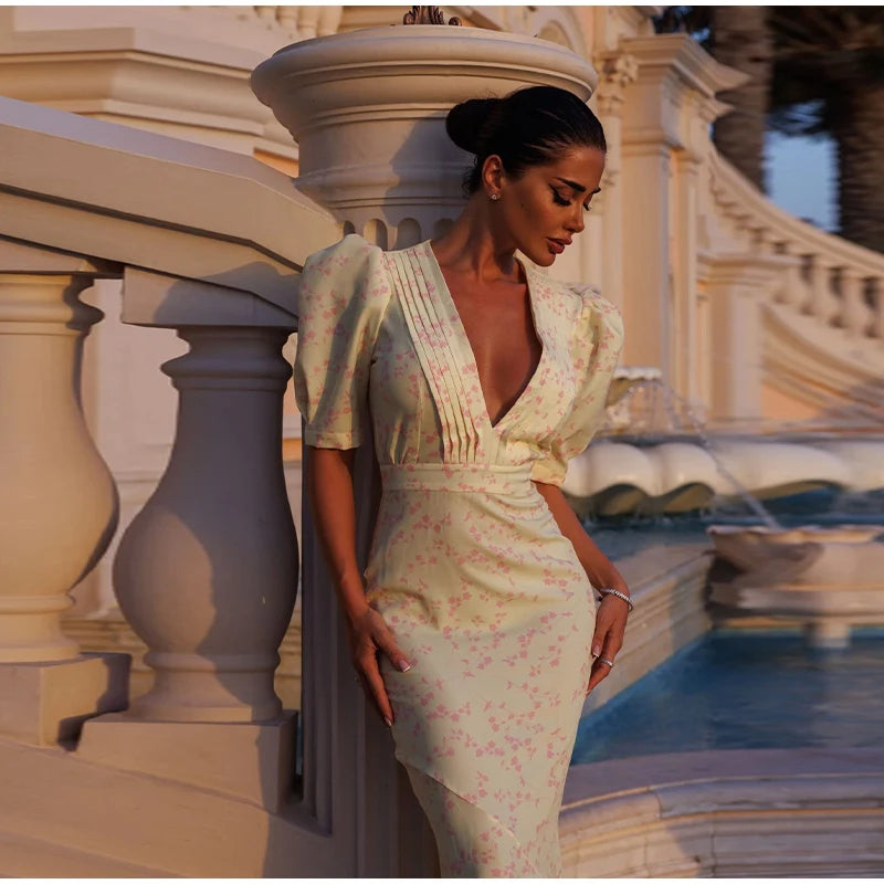 Sexy retalhos impressão vestido feminino moda com decote em v manga curta puff hip pacote vestidos femininos 2025 verão urbano senhora robe