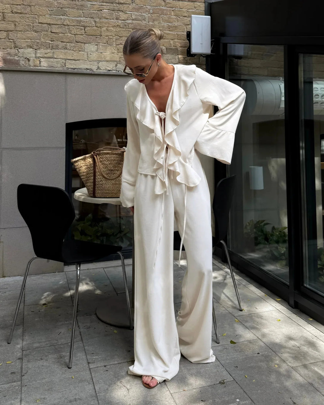 Tornova babados calças de perna larga conjunto de duas peças feminino decote em v manga longa t camisa rendas até cintura alta solta mulher casual terno sólido