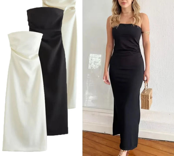 Vestido Midi Elegante Ombro a Ombro Drapeado