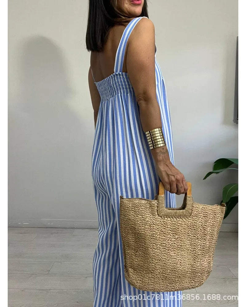 Macacão listrado casual feminino verão cinta de espaguete sem mangas solto pernas largas macacões novo femlae bodysuits