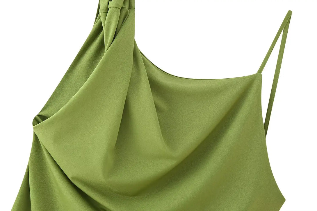 Feminino chique calças sólidas terno sem costas com plissado assimétrico decoração sling top + cintura elástica caída calças de perna larga