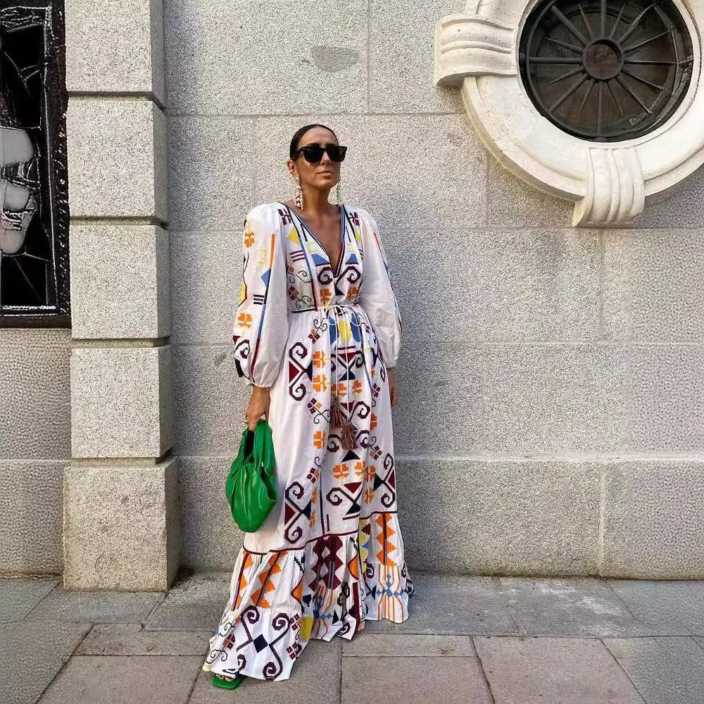 Luva lanterna impressa saia até o chão, estilo férias europeu e americano, 2024