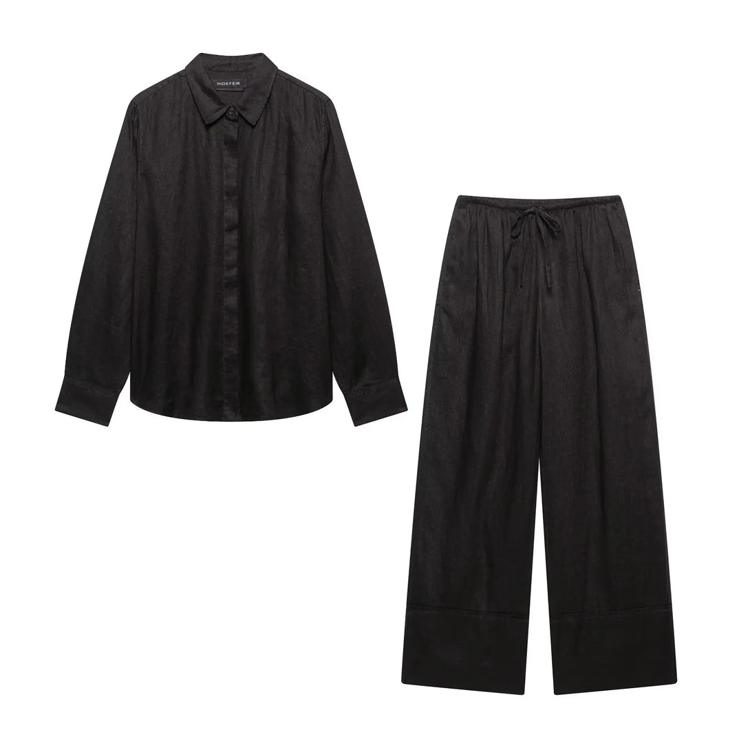 Tfmln 2025 conjuntos de calças blusa feminina escritório senhoras elegante manga longa casual camisa solta perna larga calça ternos roupas simples