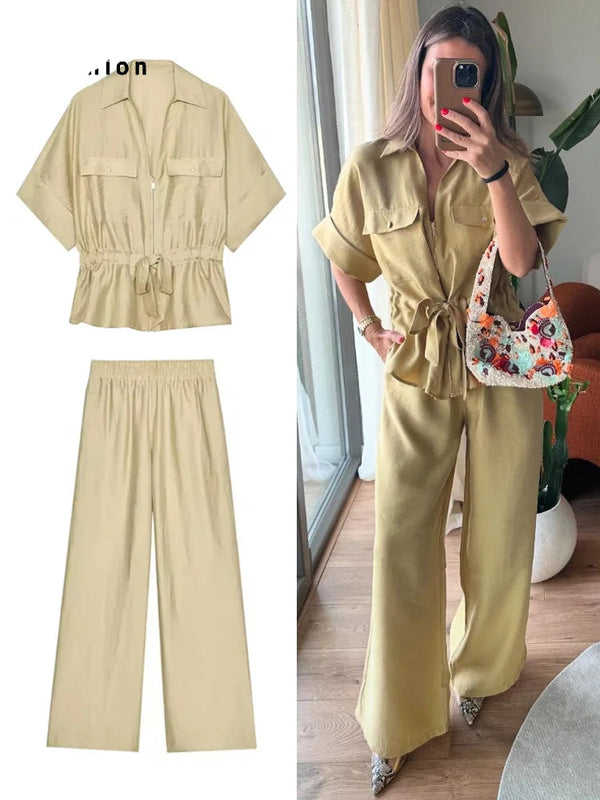 Conjunto Feminino Elegante Safari Camisa Manga Curta e Calça Pantalona