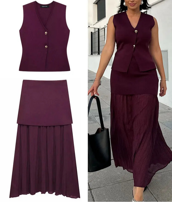 Conjunto Elegante com Saia Longa e Colete Decote V