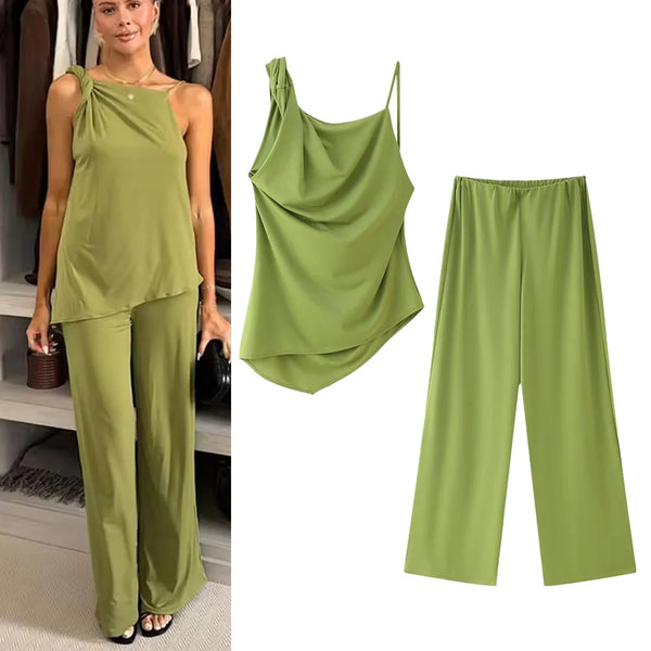 Feminino chique calças sólidas terno sem costas com plissado assimétrico decoração sling top + cintura elástica caída calças de perna larga