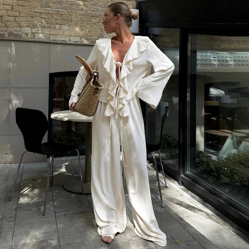 Tornova babados calças de perna larga conjunto de duas peças feminino decote em v manga longa t camisa rendas até cintura alta solta mulher casual terno sólido