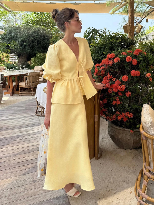 Conjunto Feminino Elegante de Verão com Manga Puff e Saia Longa