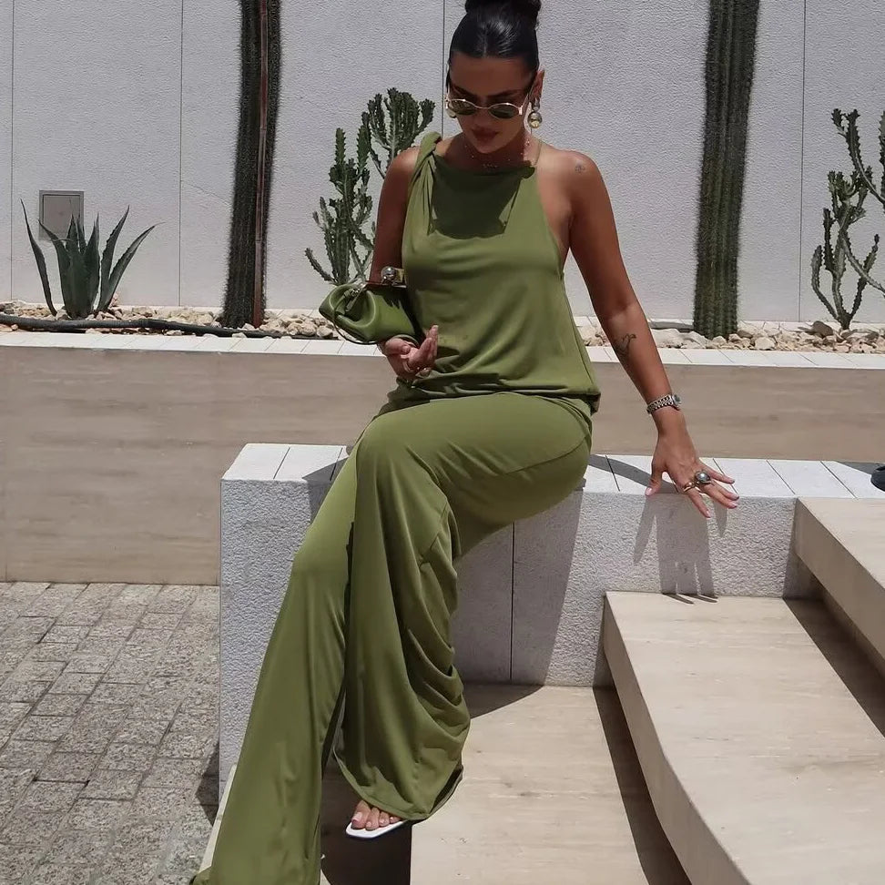 Feminino chique calças sólidas terno sem costas com plissado assimétrico decoração sling top + cintura elástica caída calças de perna larga