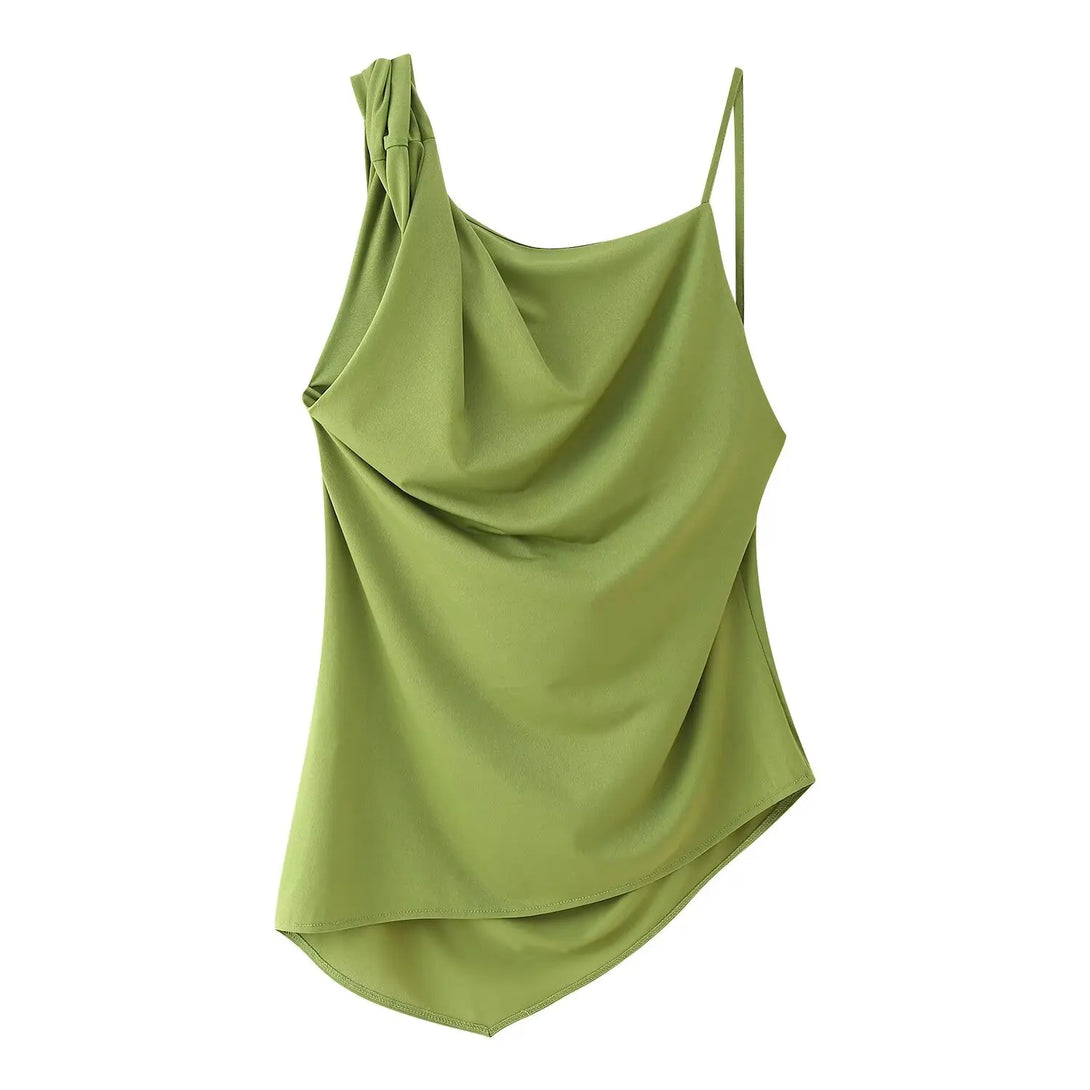 Feminino chique calças sólidas terno sem costas com plissado assimétrico decoração sling top + cintura elástica caída calças de perna larga