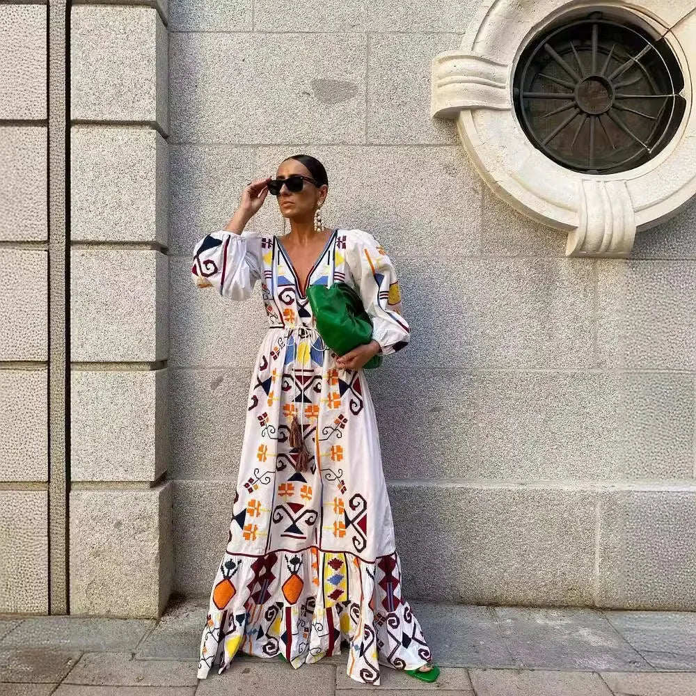 Luva lanterna impressa saia até o chão, estilo férias europeu e americano, 2024