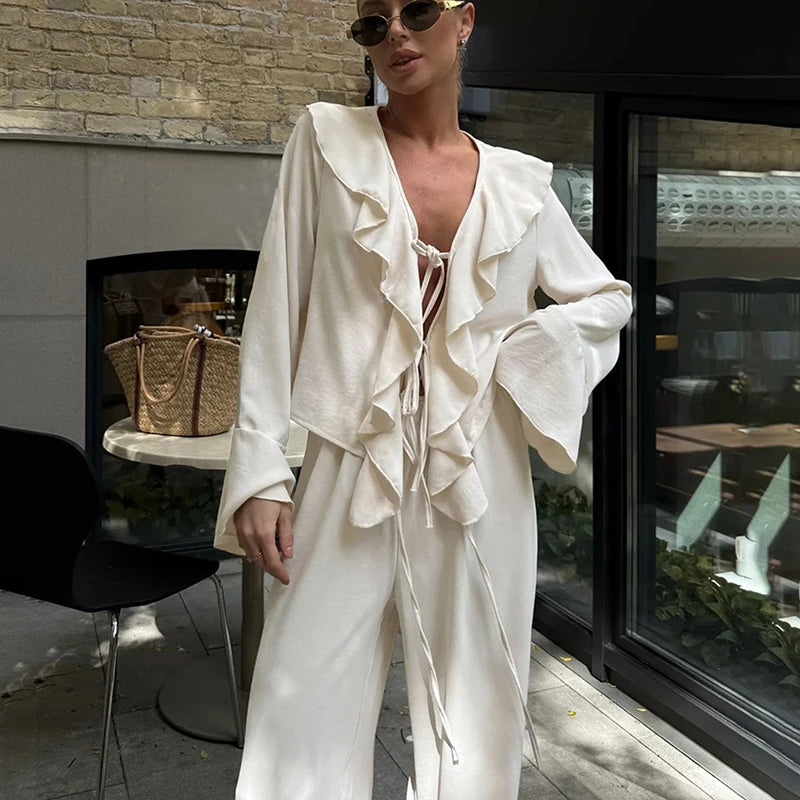 Tornova babados calças de perna larga conjunto de duas peças feminino decote em v manga longa t camisa rendas até cintura alta solta mulher casual terno sólido