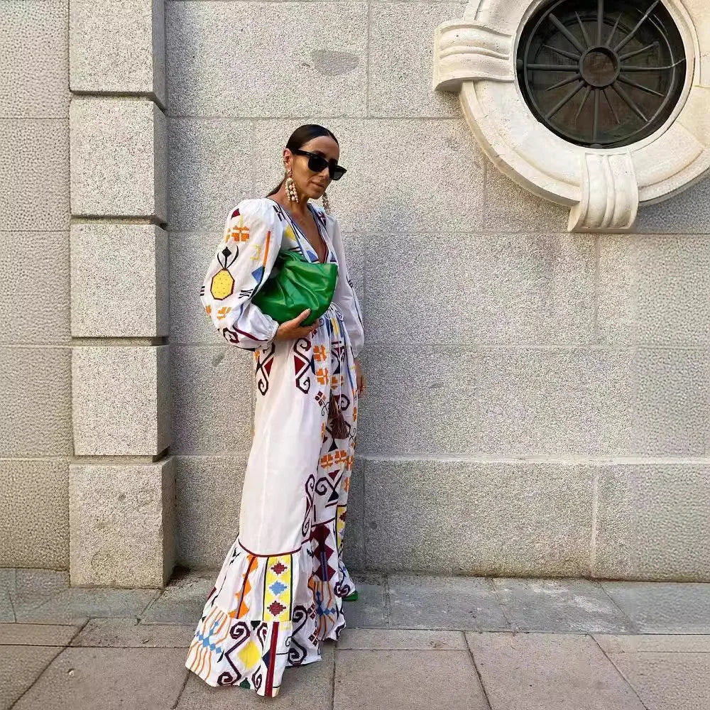 Luva lanterna impressa saia até o chão, estilo férias europeu e americano, 2024