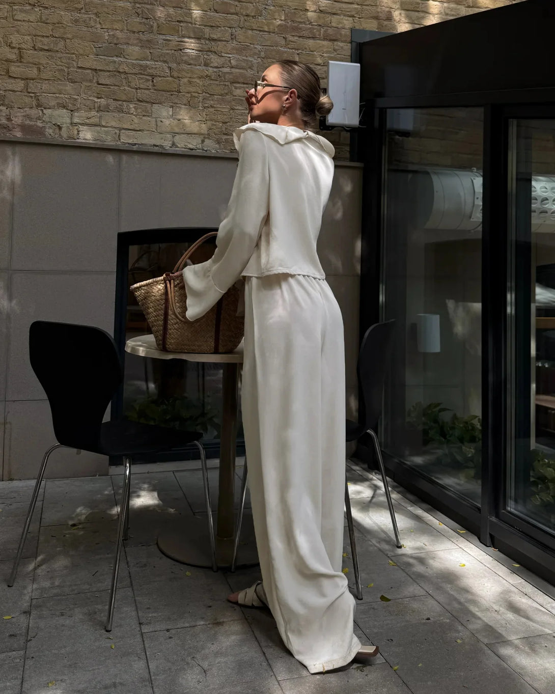 Tornova babados calças de perna larga conjunto de duas peças feminino decote em v manga longa t camisa rendas até cintura alta solta mulher casual terno sólido