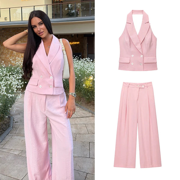 Conjunto Feminino Alfaiataria Rosa Colete Frente Única e Calça - Verona
