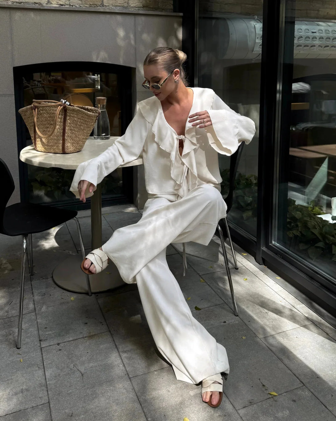 Tornova babados calças de perna larga conjunto de duas peças feminino decote em v manga longa t camisa rendas até cintura alta solta mulher casual terno sólido