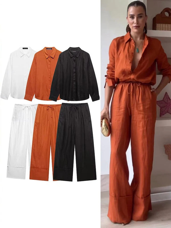 Tfmln 2025 conjuntos de calças blusa feminina escritório senhoras elegante manga longa casual camisa solta perna larga calça ternos roupas simples