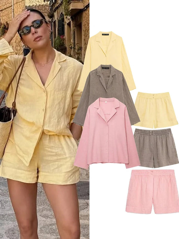 Trafza feminino elegante conjunto de 2 peças lapela único breasted manga comprida camisa superior + verão casual cintura elástica bolso design shorts