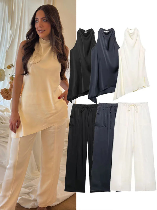 Conjunto Feminino de Cetim Calça e Blusa