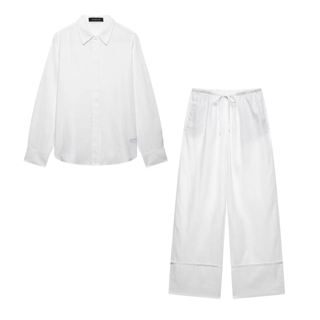 Tfmln 2025 conjuntos de calças blusa feminina escritório senhoras elegante manga longa casual camisa solta perna larga calça ternos roupas simples