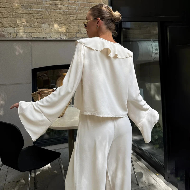 Tornova babados calças de perna larga conjunto de duas peças feminino decote em v manga longa t camisa rendas até cintura alta solta mulher casual terno sólido