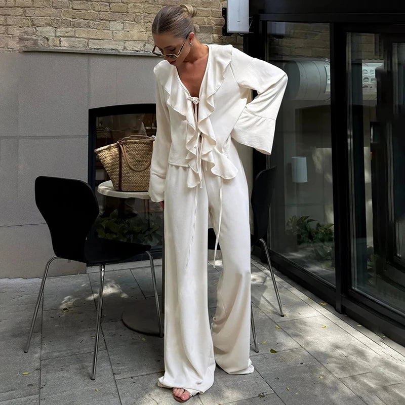 Tornova babados calças de perna larga conjunto de duas peças feminino decote em v manga longa t camisa rendas até cintura alta solta mulher casual terno sólido