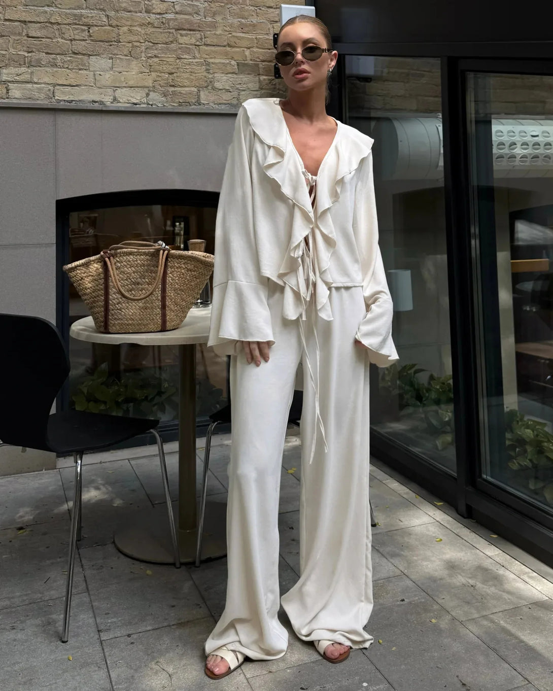 Tornova babados calças de perna larga conjunto de duas peças feminino decote em v manga longa t camisa rendas até cintura alta solta mulher casual terno sólido