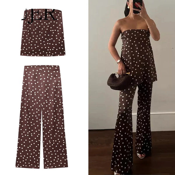 Conjunto Feminino Elegante Poá Blusa Ombro a Ombro e Calça