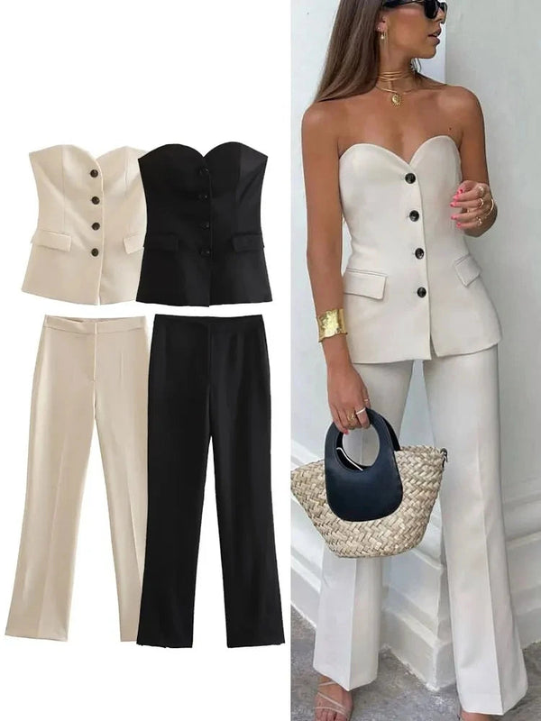 Conjunto Feminino Alfaiataria Elegante Colete Ombro a Ombro e Calça