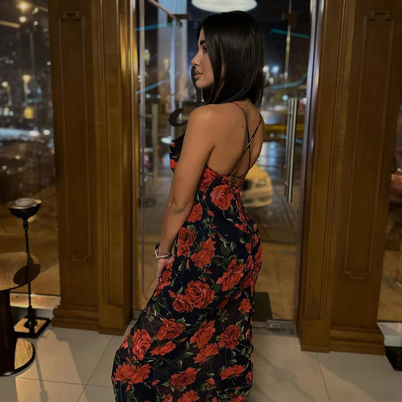 Flores impressão cinta de espaguete vestidos feminino temperamento pacote hip bodycon vestido longo moda sexy sem costas senhora magro vestidos