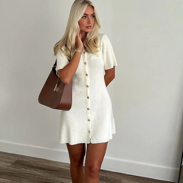 Vestido Curto Casual Gola Redonda Botões Frontal