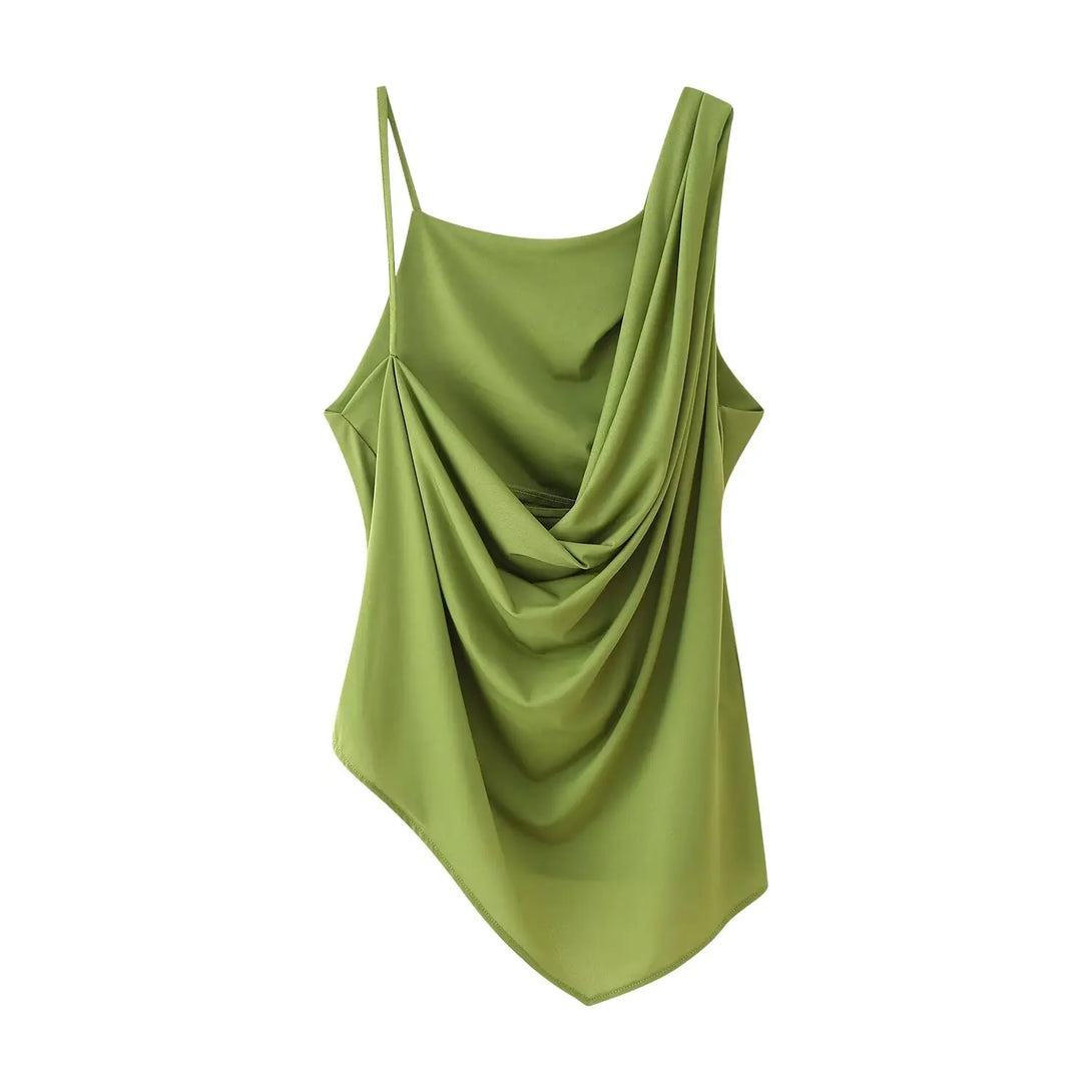 Feminino chique calças sólidas terno sem costas com plissado assimétrico decoração sling top + cintura elástica caída calças de perna larga