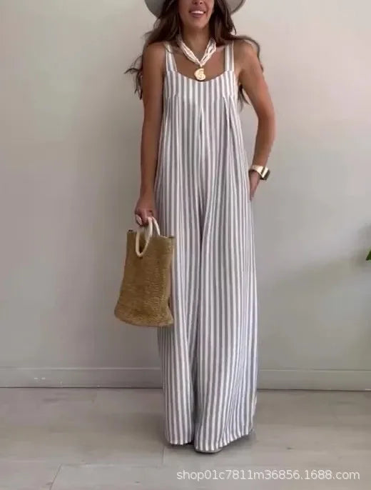 Macacão listrado casual feminino verão cinta de espaguete sem mangas solto pernas largas macacões novo femlae bodysuits