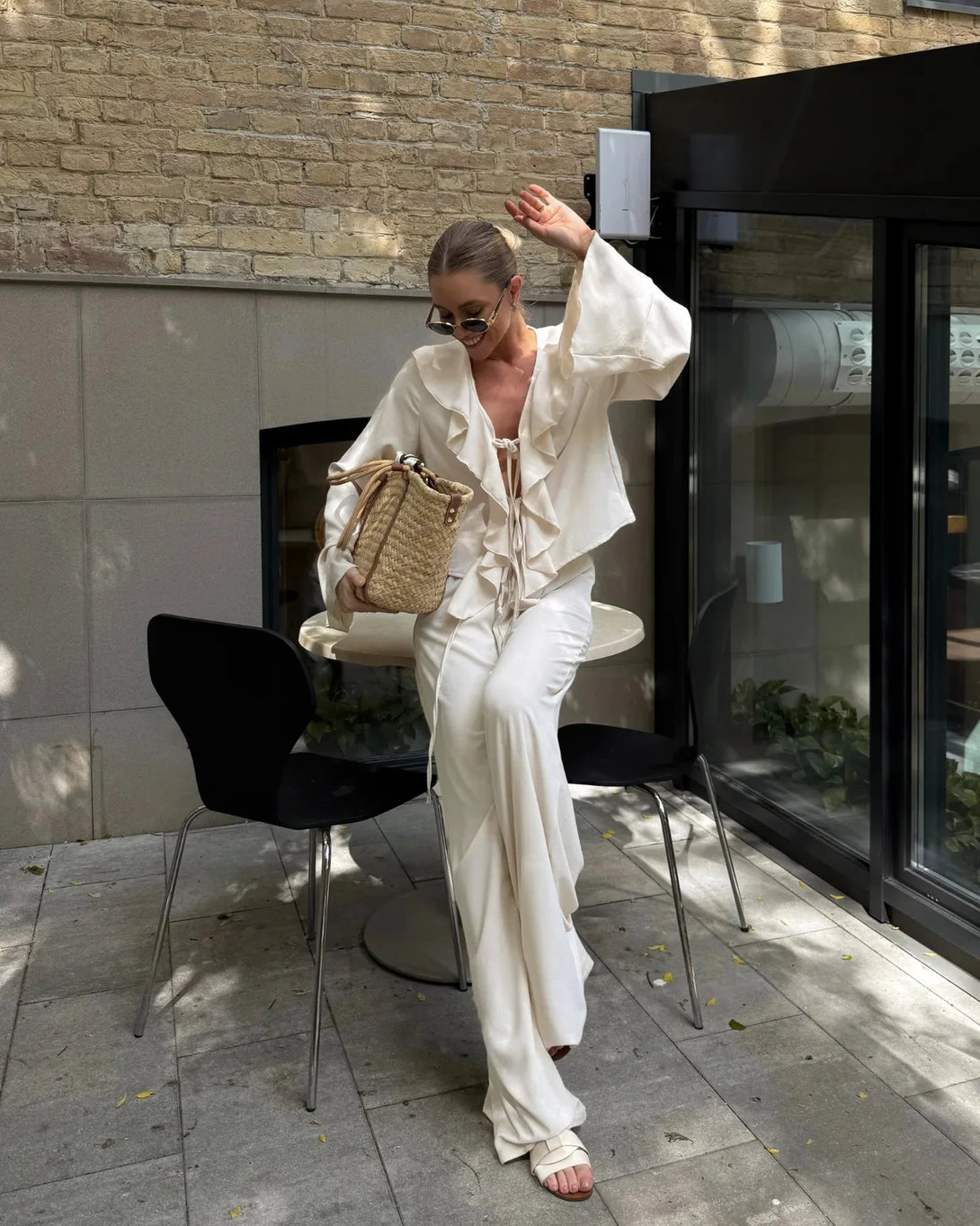 Tornova babados calças de perna larga conjunto de duas peças feminino decote em v manga longa t camisa rendas até cintura alta solta mulher casual terno sólido