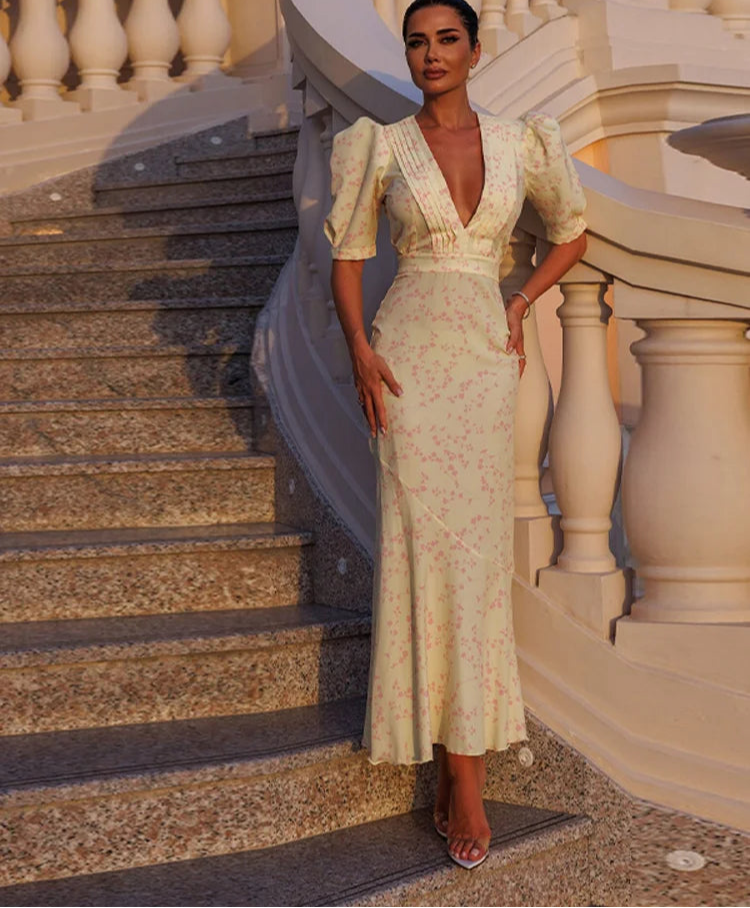 Sexy retalhos impressão vestido feminino moda com decote em v manga curta puff hip pacote vestidos femininos 2025 verão urbano senhora robe