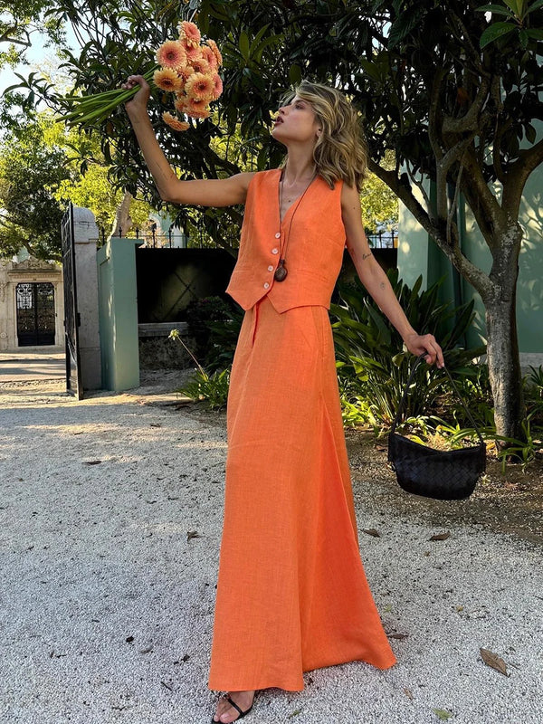 Conjunto Feminino Elegante de Colete Alfaiataria e Saia Longa