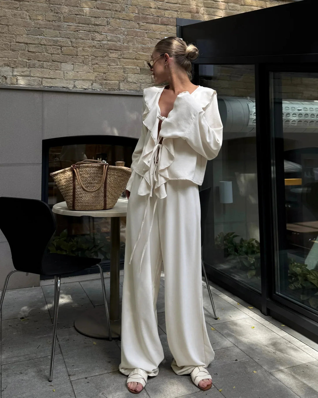 Tornova babados calças de perna larga conjunto de duas peças feminino decote em v manga longa t camisa rendas até cintura alta solta mulher casual terno sólido