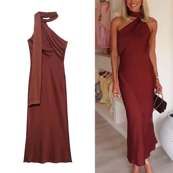 Vestido Longo Elegante Decote Assimétrico com Echarpe - Milene
