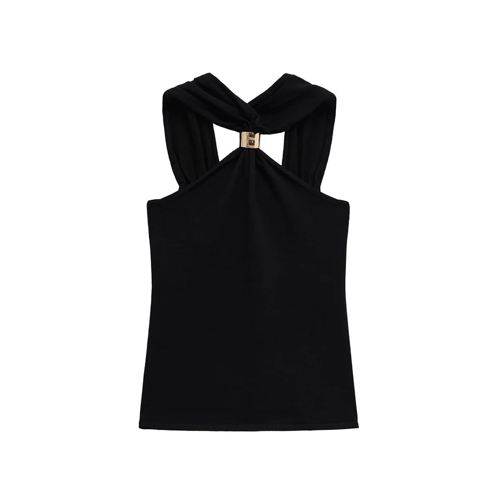 Trza regata feminina de malha com gola halter, apliques dourados, alças largas, camisola feminina
