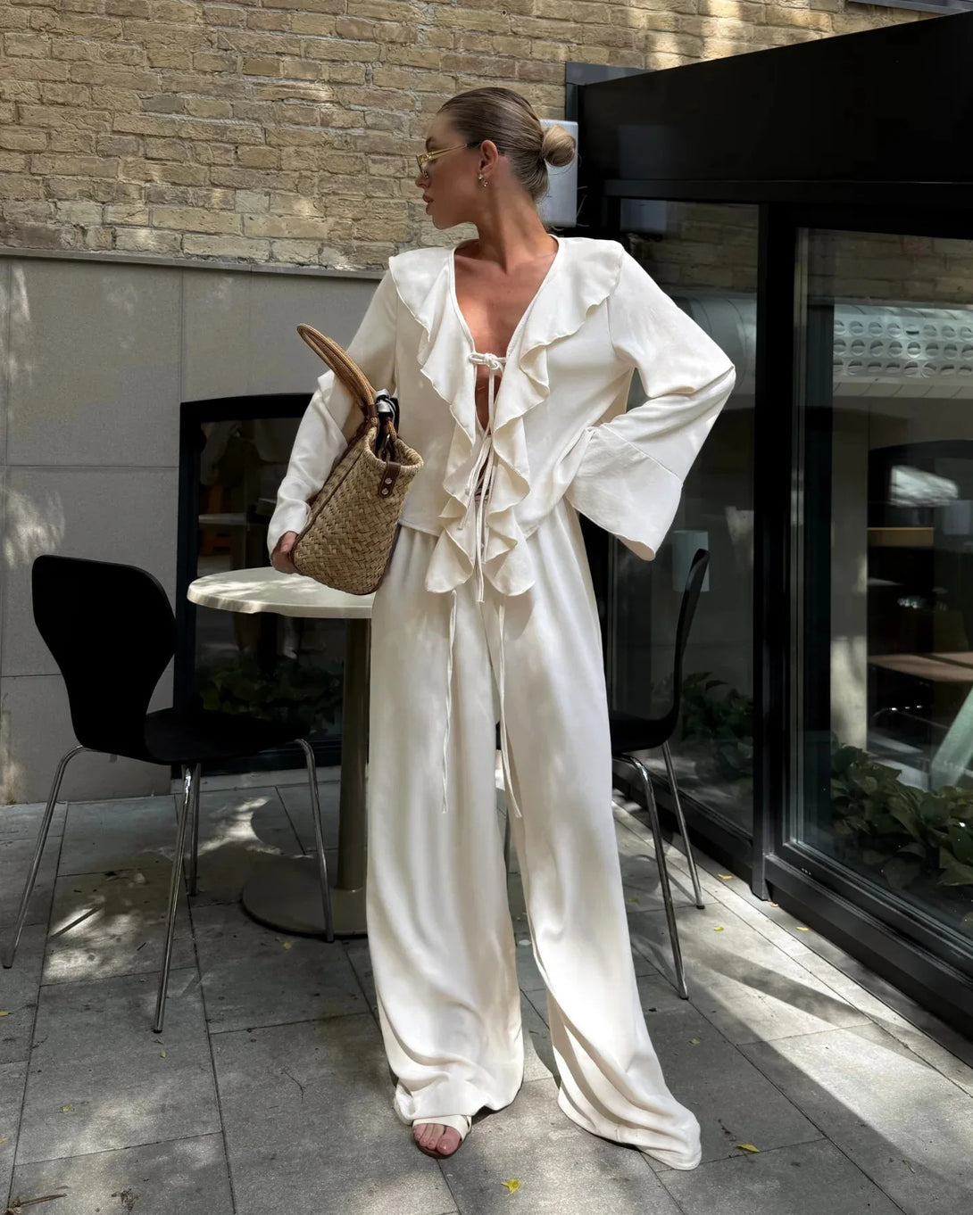 Tornova babados calças de perna larga conjunto de duas peças feminino decote em v manga longa t camisa rendas até cintura alta solta mulher casual terno sólido