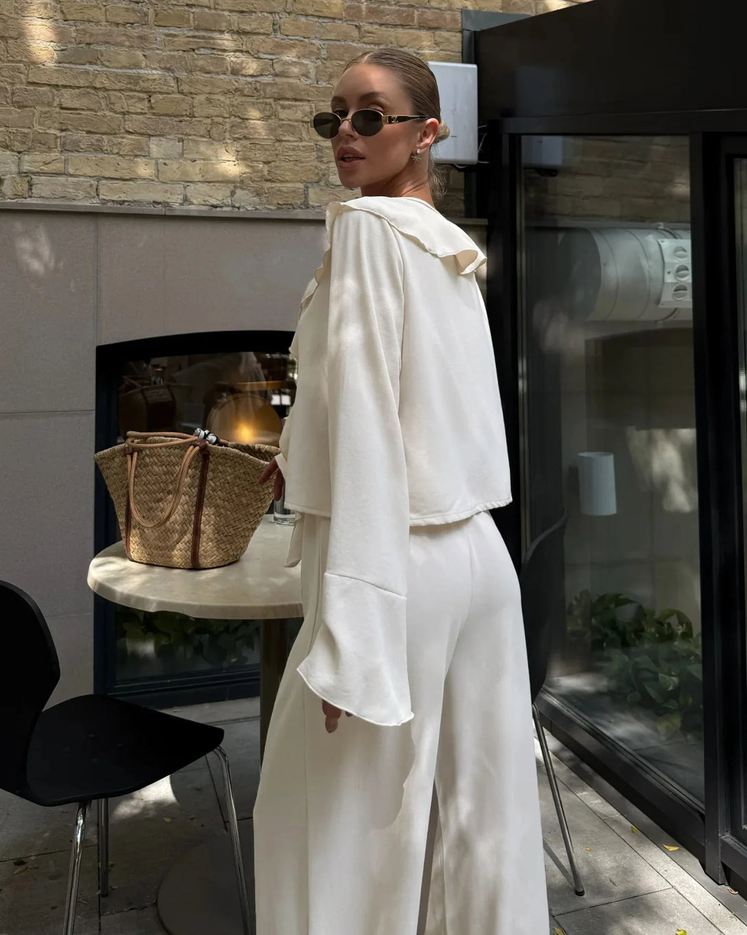 Tornova babados calças de perna larga conjunto de duas peças feminino decote em v manga longa t camisa rendas até cintura alta solta mulher casual terno sólido