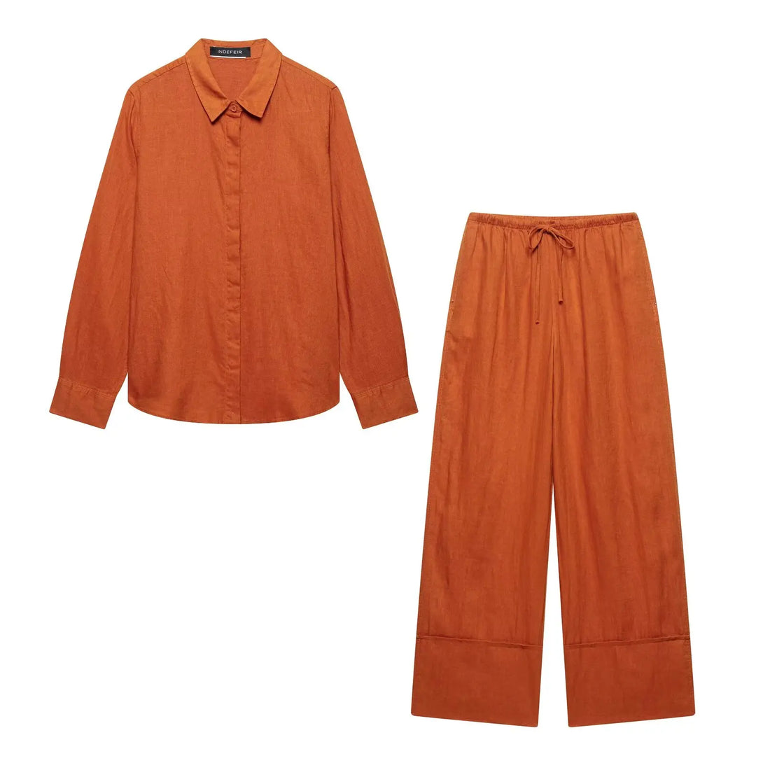 Tfmln 2025 conjuntos de calças blusa feminina escritório senhoras elegante manga longa casual camisa solta perna larga calça ternos roupas simples