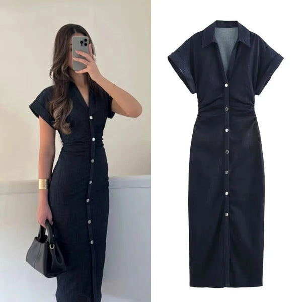 Vestido Midi Denim Elegante com Lapela e Cintura Ajustada