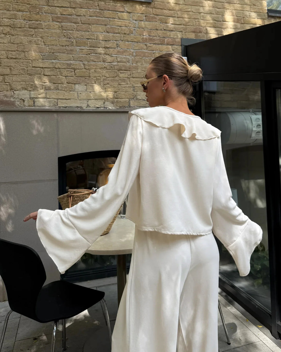 Tornova babados calças de perna larga conjunto de duas peças feminino decote em v manga longa t camisa rendas até cintura alta solta mulher casual terno sólido